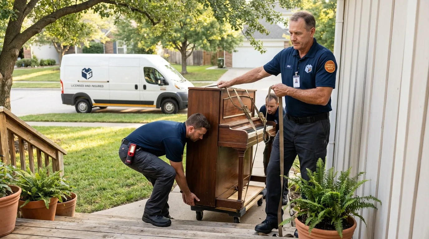Licensed piano movers securing grand piano in Norwood Young America, MN