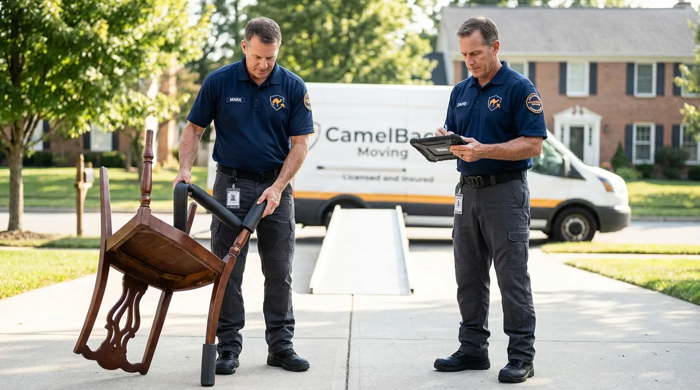 Movers inspecting furniture for damage prevention before loading in Norwood Young America, MN