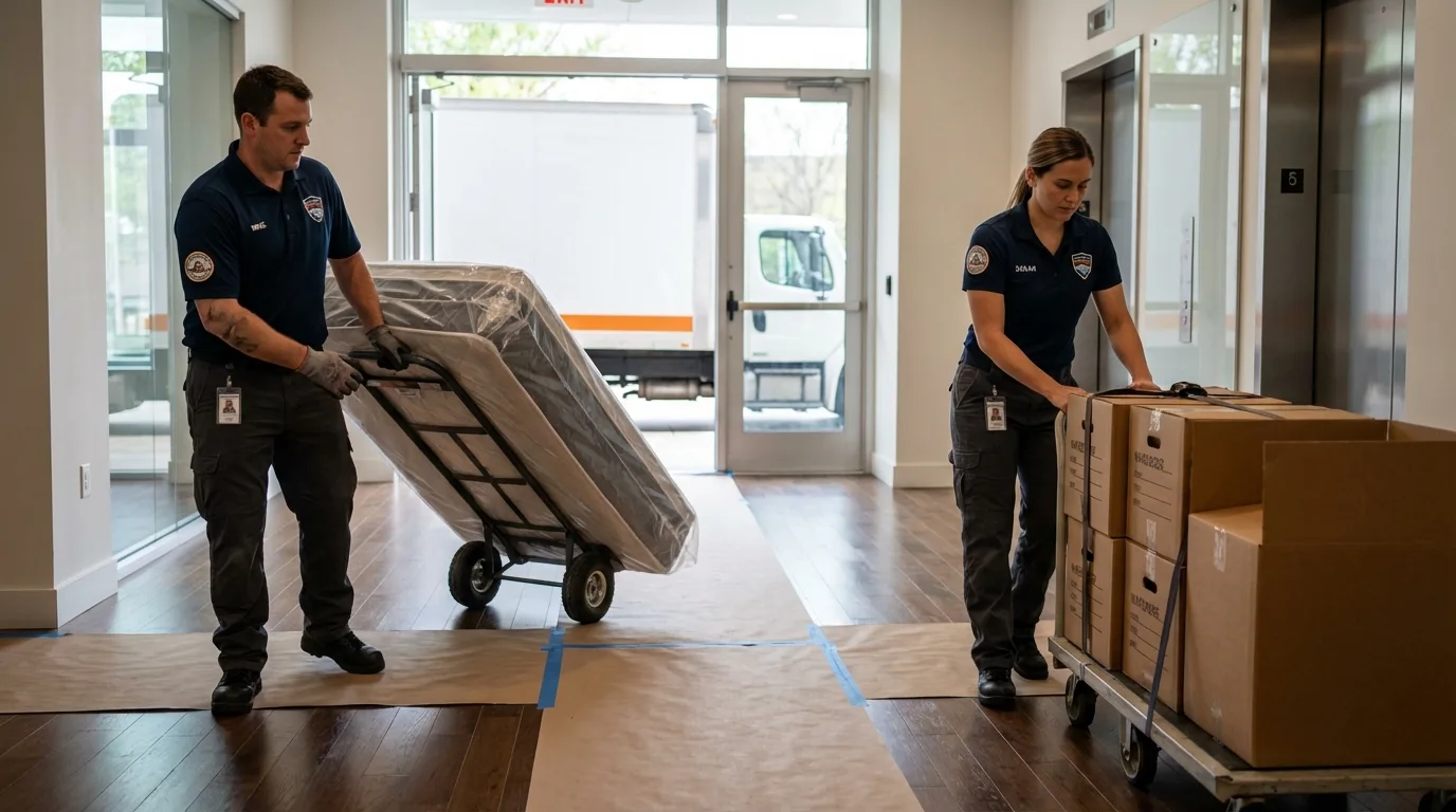 Professional apartment movers loading elevator in Norwood Young America, MN