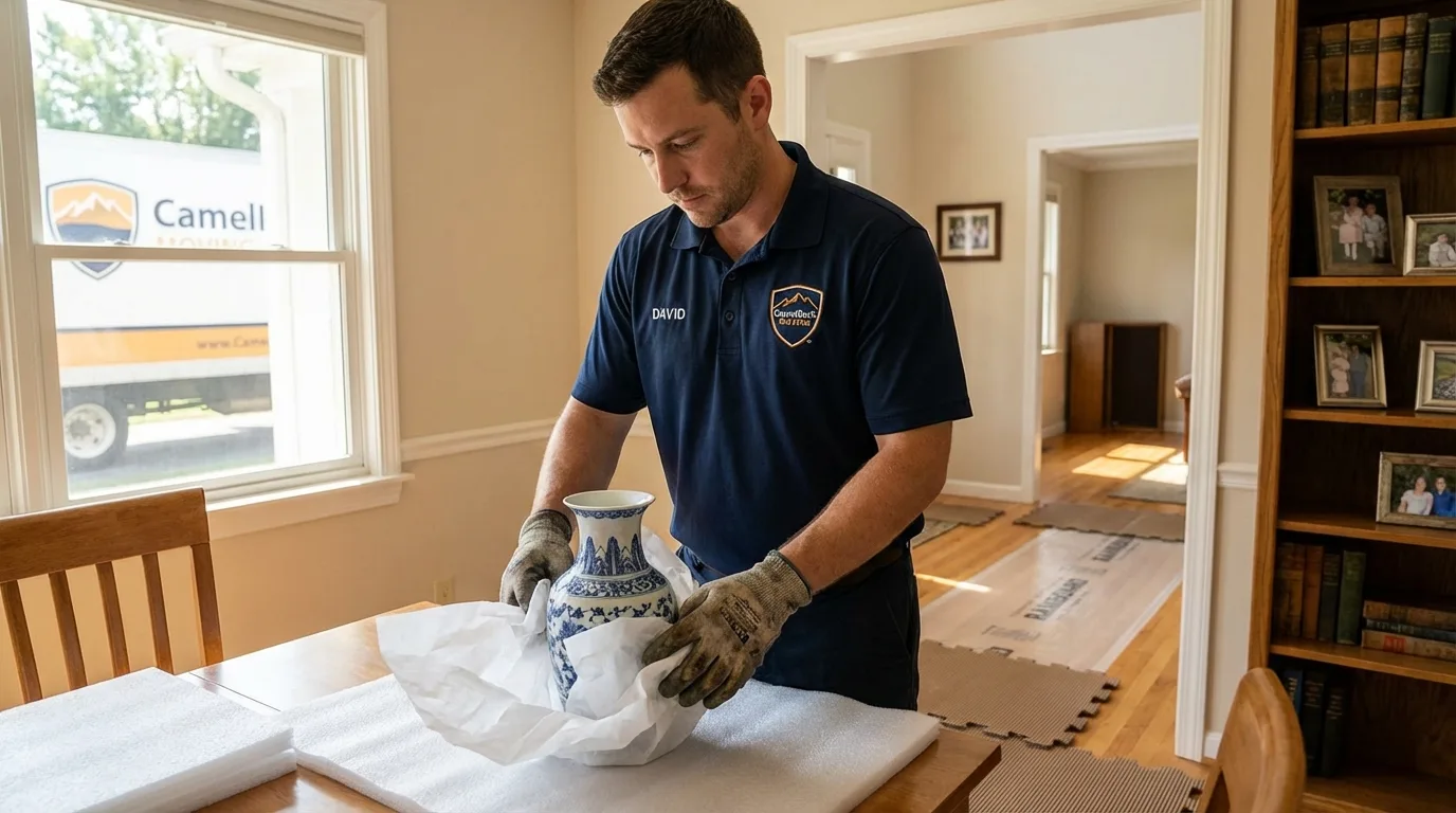 Professional crew carefully wrapping antique vase for senior downsizing move in Norwood Young America, MN